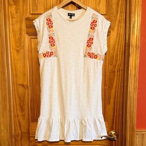 Dee Elly White Sleeveless Shift Dress with Floral Embroidery and Ruffled Hem